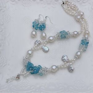 AM20 Handmade Freshwater Baroque Pearl Aqua Marine Necklace Earrings Set